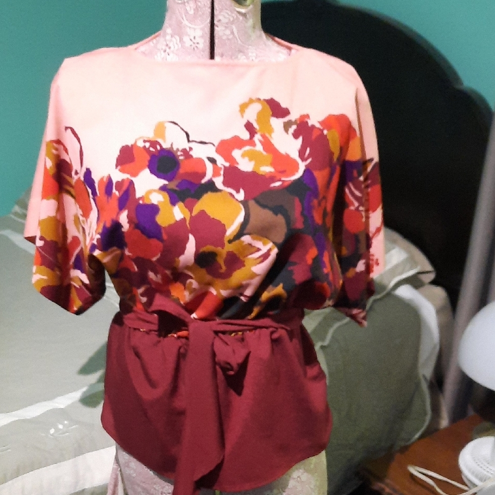 New York & Company Floral Blouse - Pink and Burgundy
